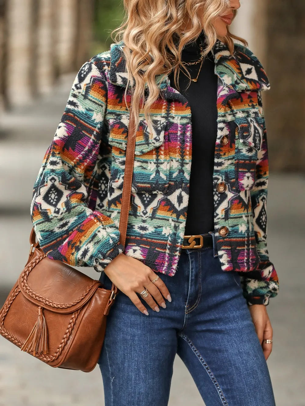 Geometric Dropped Shoulder Balloon Sleeve Outerwear, image 3