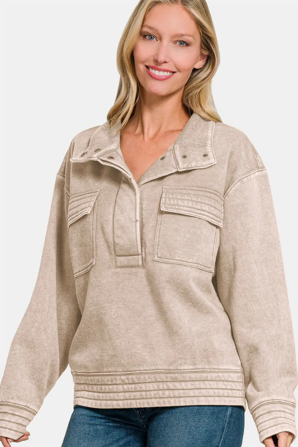 Acid Washed Half Snap Fleece Sweatshirt, image 3
