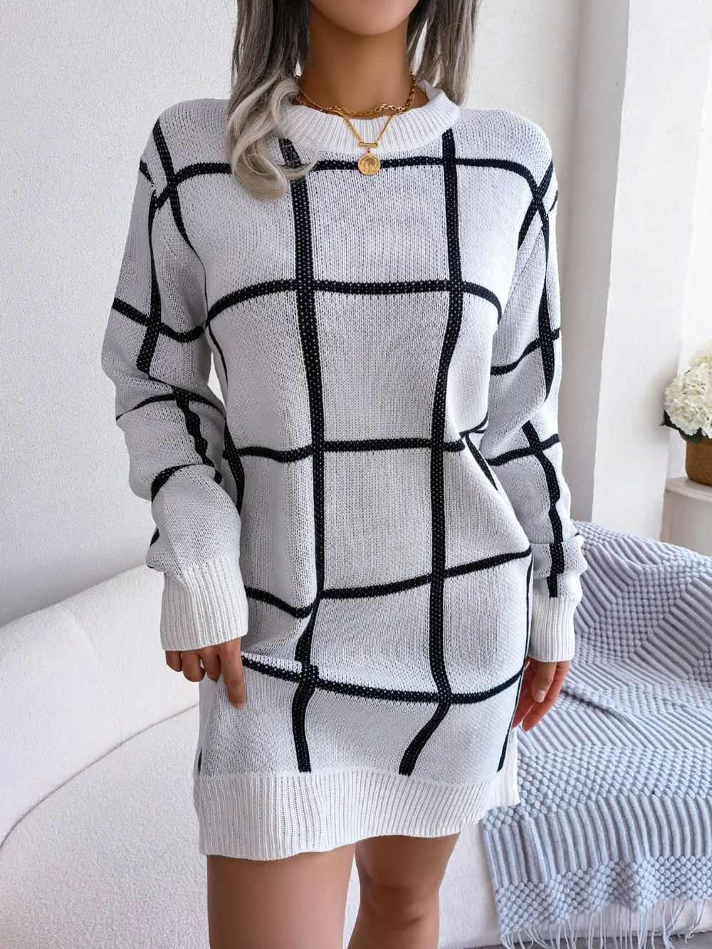 Plaid Round Neck Dropped Shoulder Sweater Dress, image 6