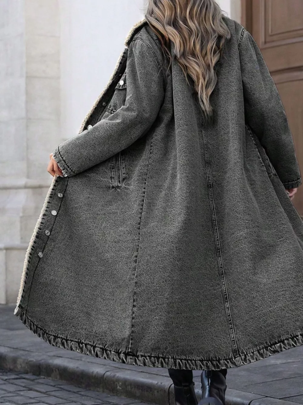 Sherpa Lined Longline Denim Jacket, image 3