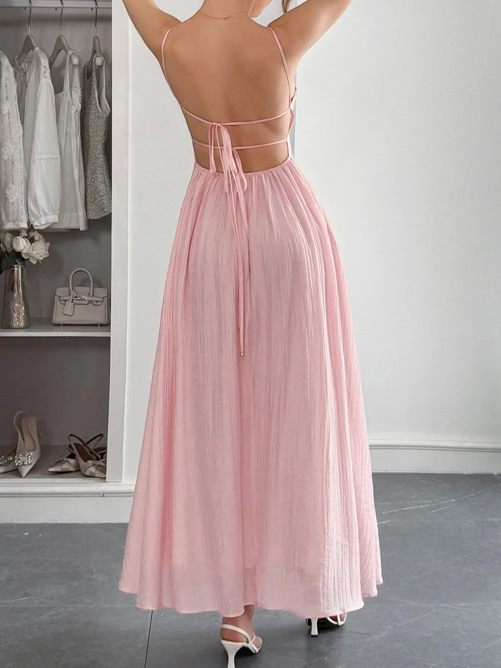 Texture Sweetheart Neck Backless Cami Dress, image 10