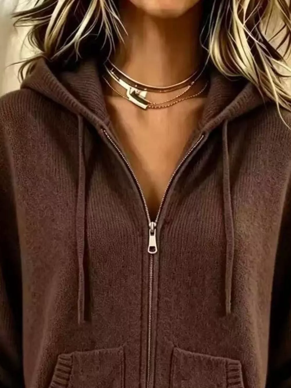 Zip-Up Hooded Knit Cardigan, image 12