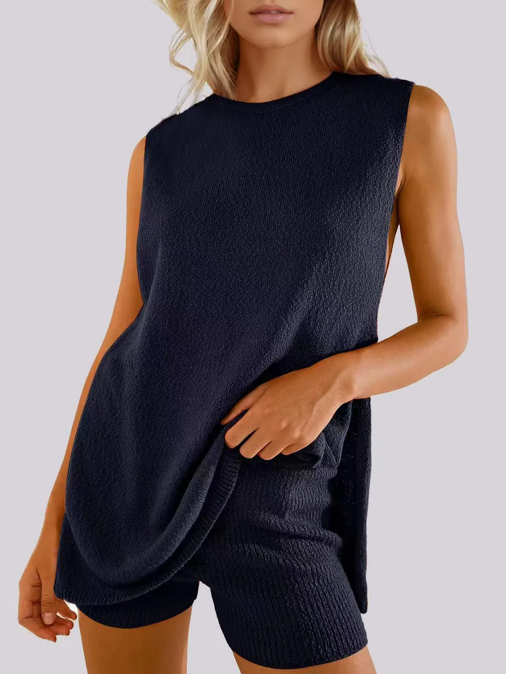 Side Slit Round Neck Tank and Ribbed Shorts Sweater Set, image 8