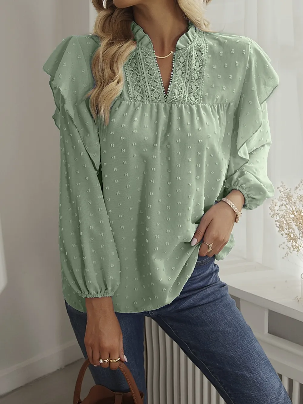 Swiss Dot Ruffled Long Sleeve Blouse, image 17