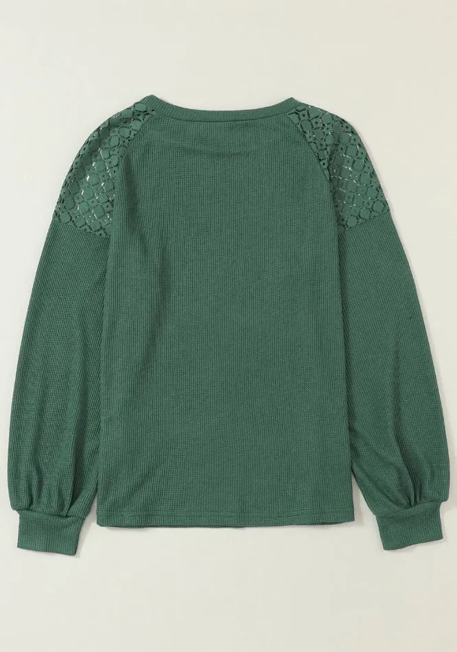 Lace Detail Round Neck Lantern Sleeve Top, image 11