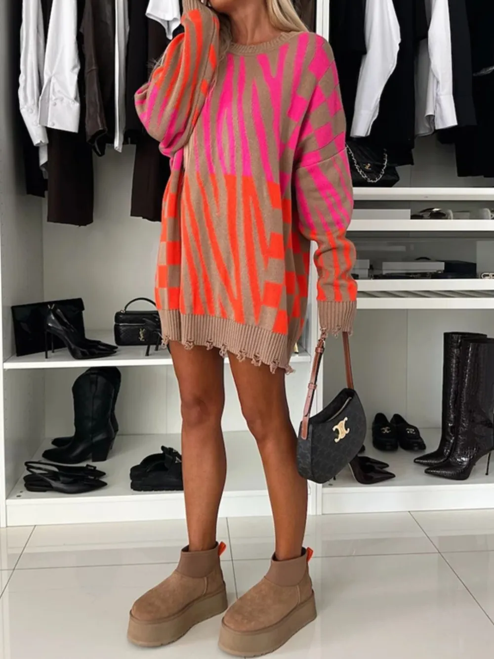 Contrast Round Neck Long Sleeve Oversize Sweater, image 4