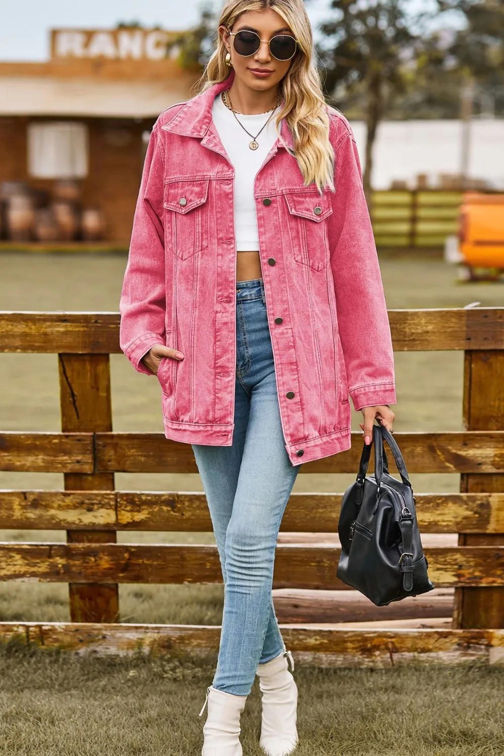 Buttoned Collared Neck Denim Jacket with Pockets, image 2