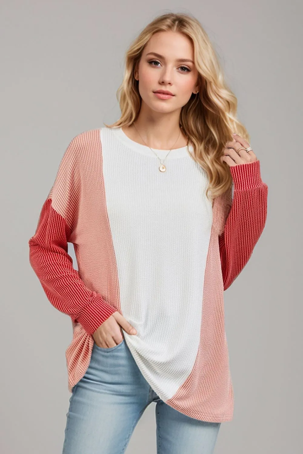 Texture Contrast Round Neck Long Sleeve T-Shirt, image 4