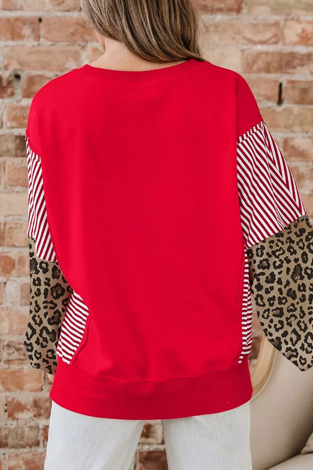 Leopard and Striped Patchwork Sleeves Sweatshirt, image 3