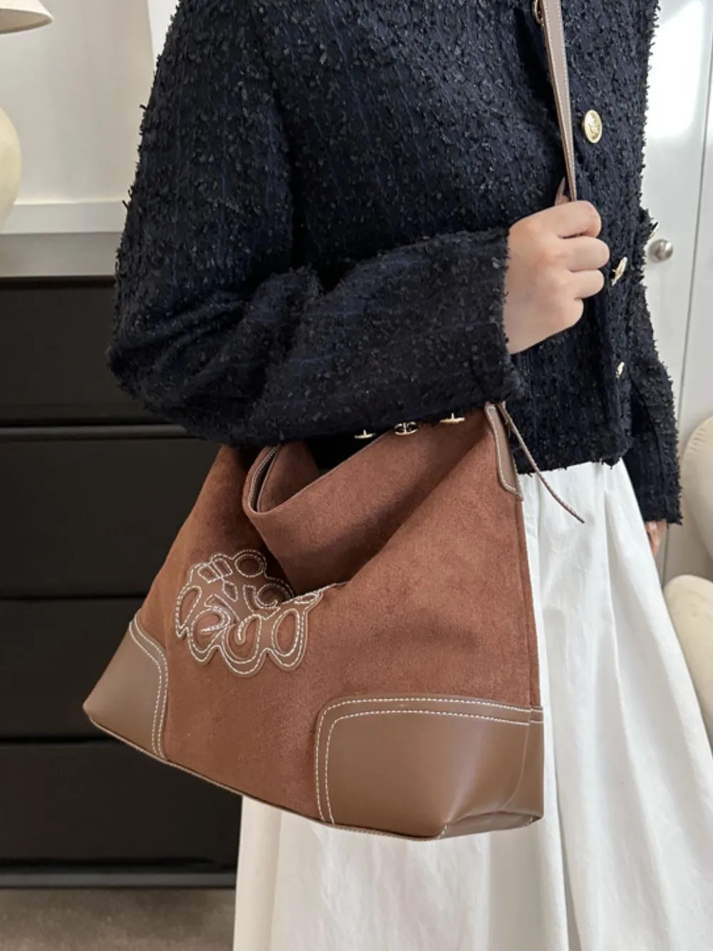 Suede Patch Adjustable Strap Tote Bag, image 6