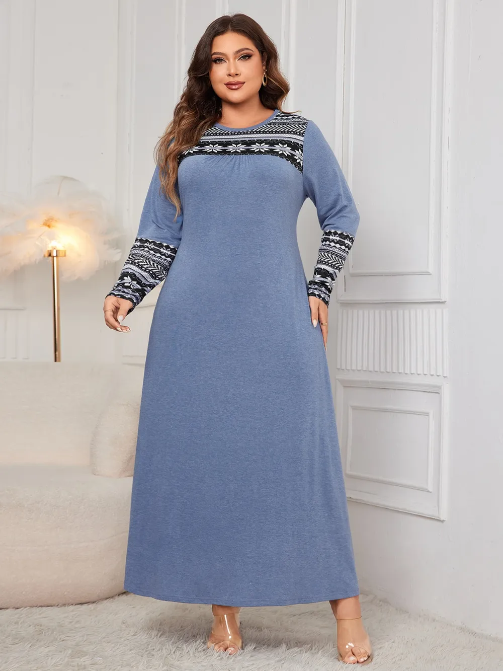 Plus Size Printed Round Neck Long Sleeve Dress, image 2