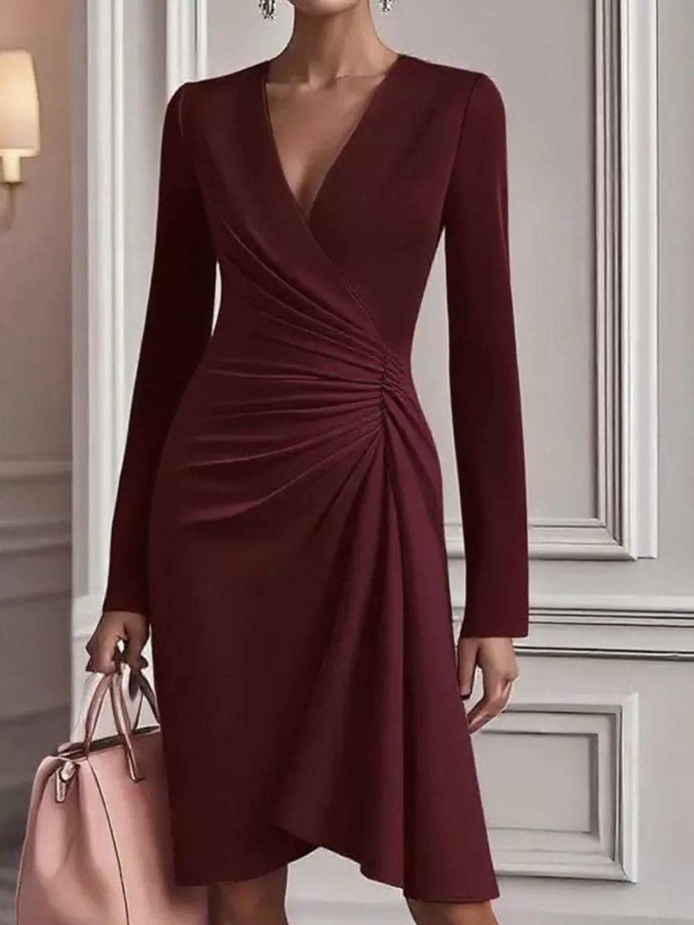 Ruched Surplice Long Sleeve Dress