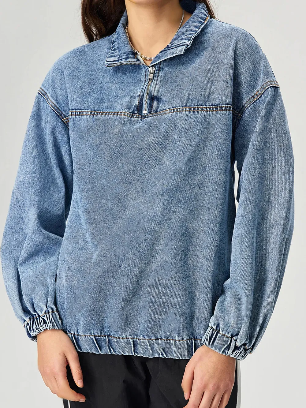 Quarter Zip Collared Neck Denim Top, image 4
