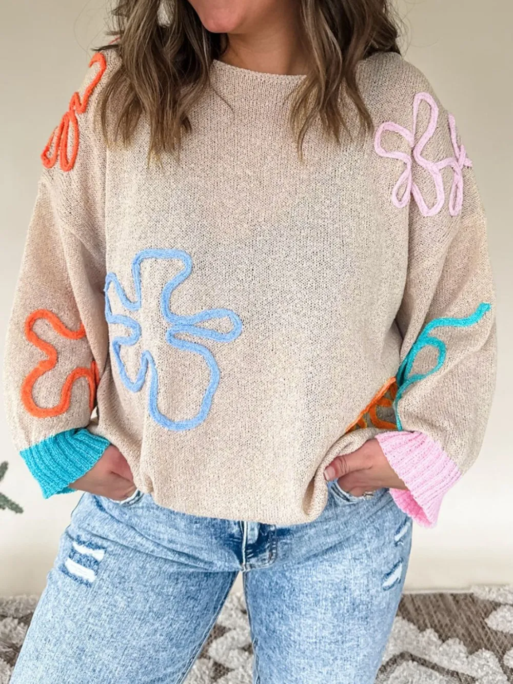 Flower Round Neck Drop Shoulder Sweater, image 2