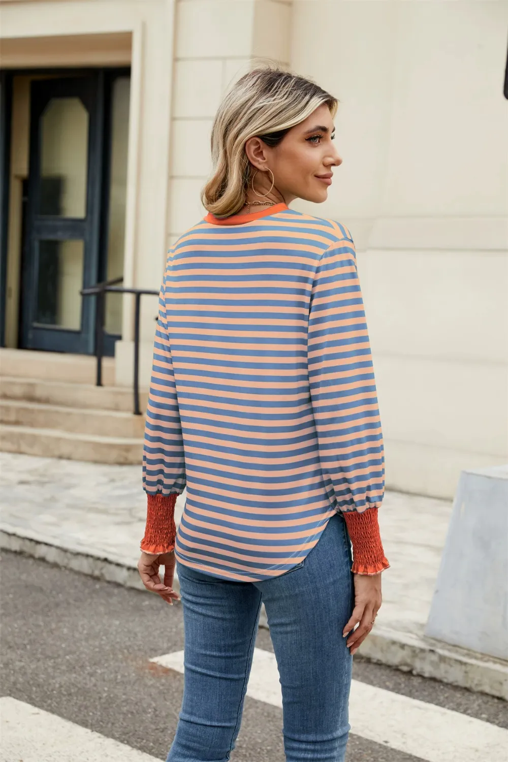 Contrast Striped Notched Long Sleeve Top, image 6