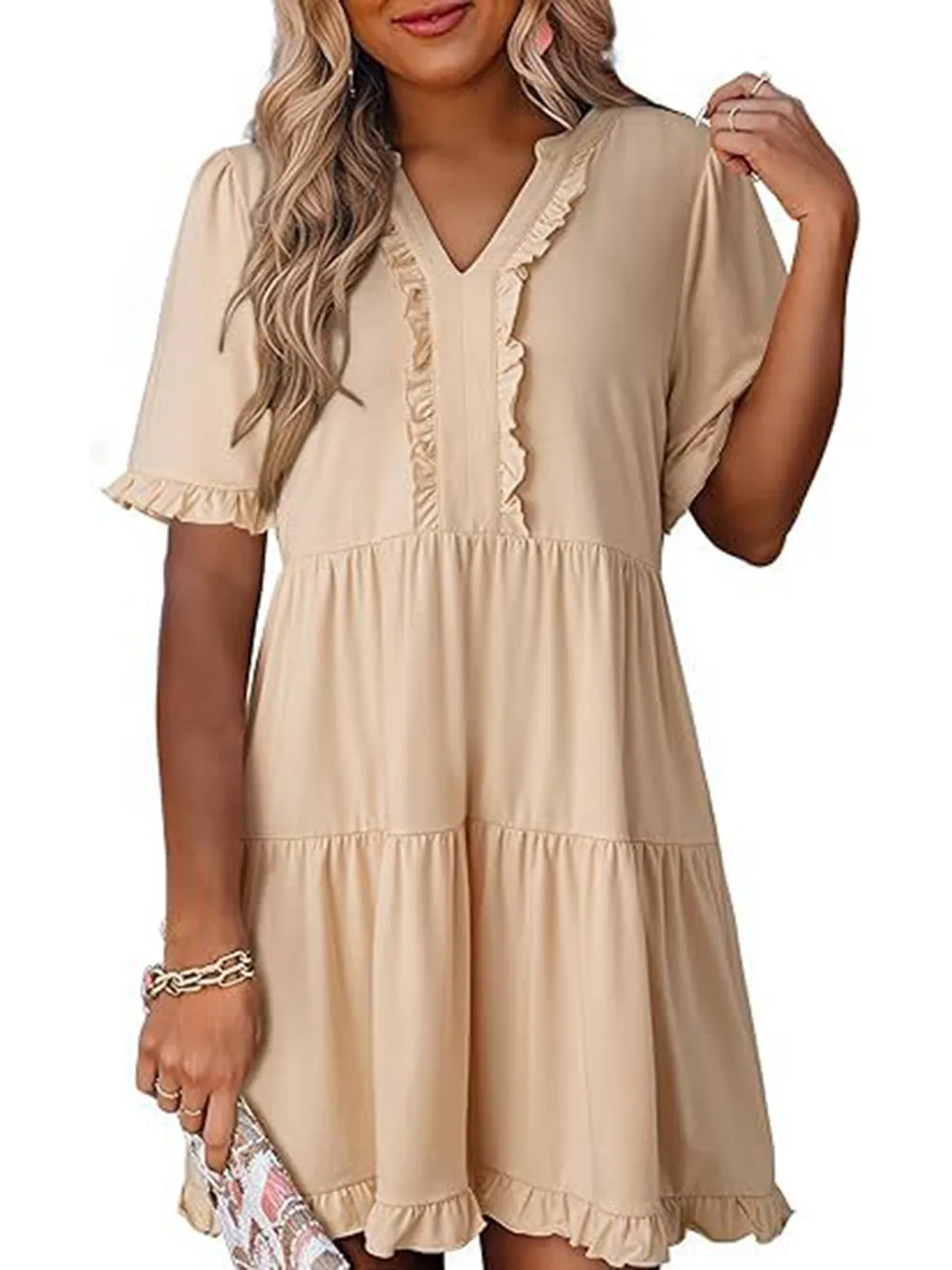 Tiered Notched Short Sleeve Mini Dress, image 3