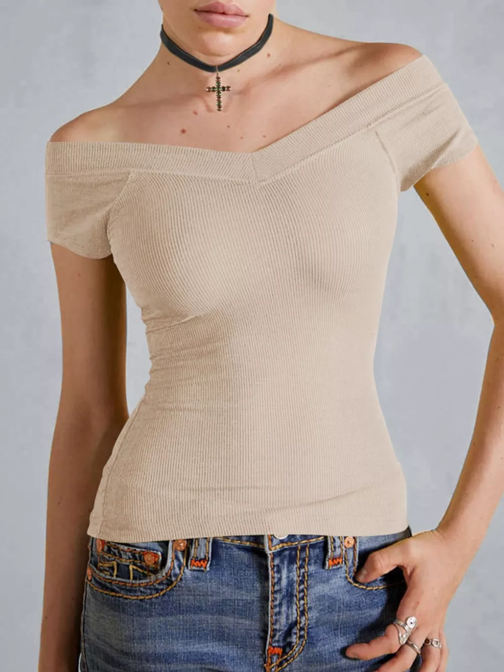Ribbed V-Neck Cap Sleeve Fitted T-Shirt