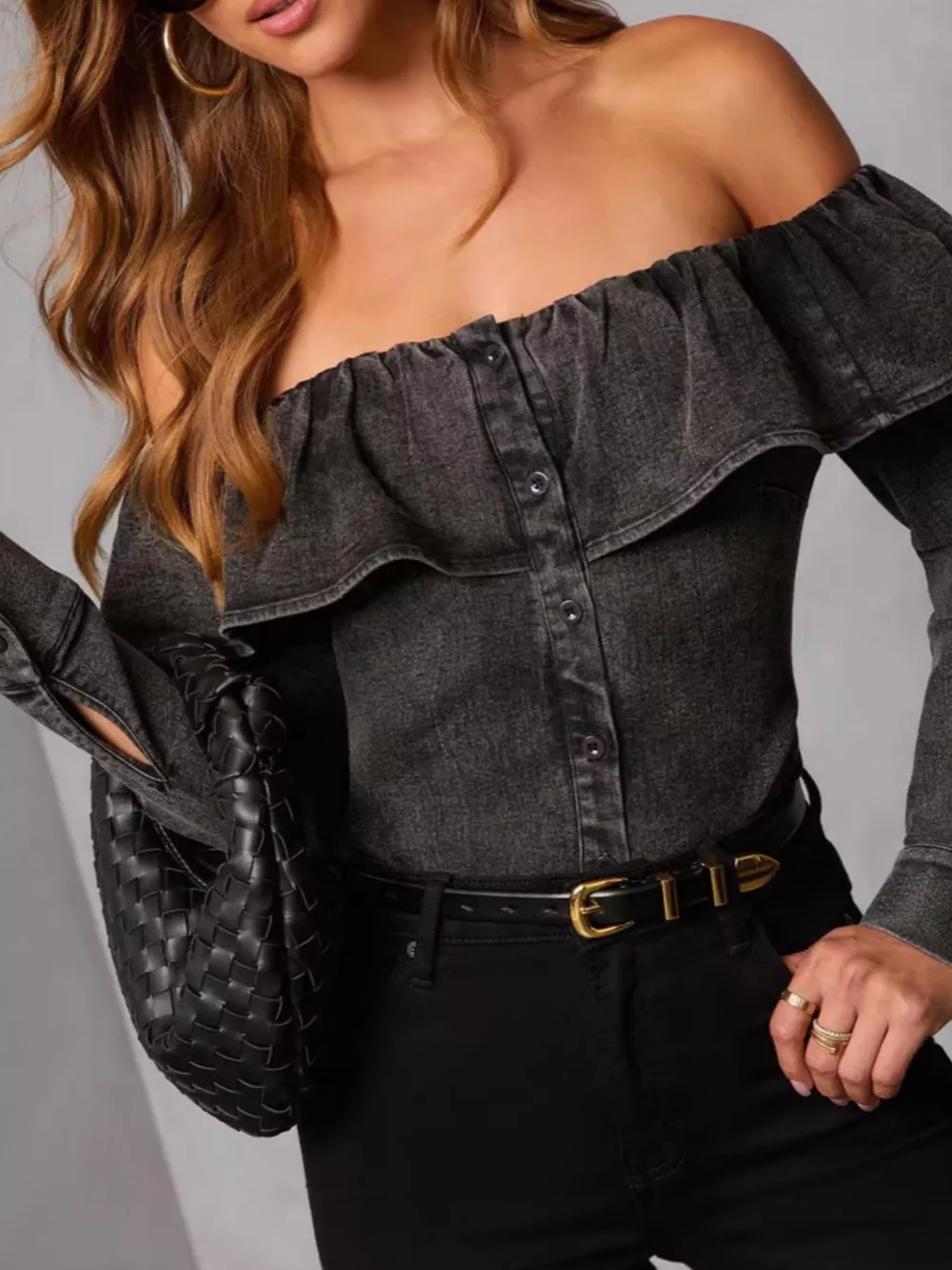 Off-Shoulder Ruffled Denim Top, image 6