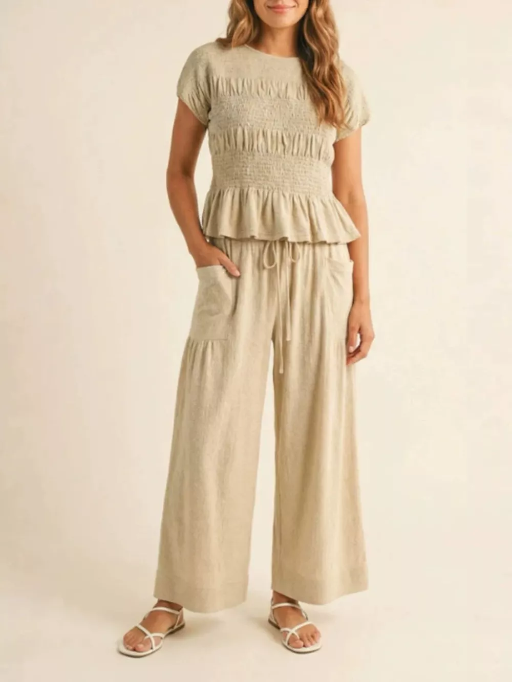 Smocked Peplum Top and Wide-Leg Pants Set, image 4