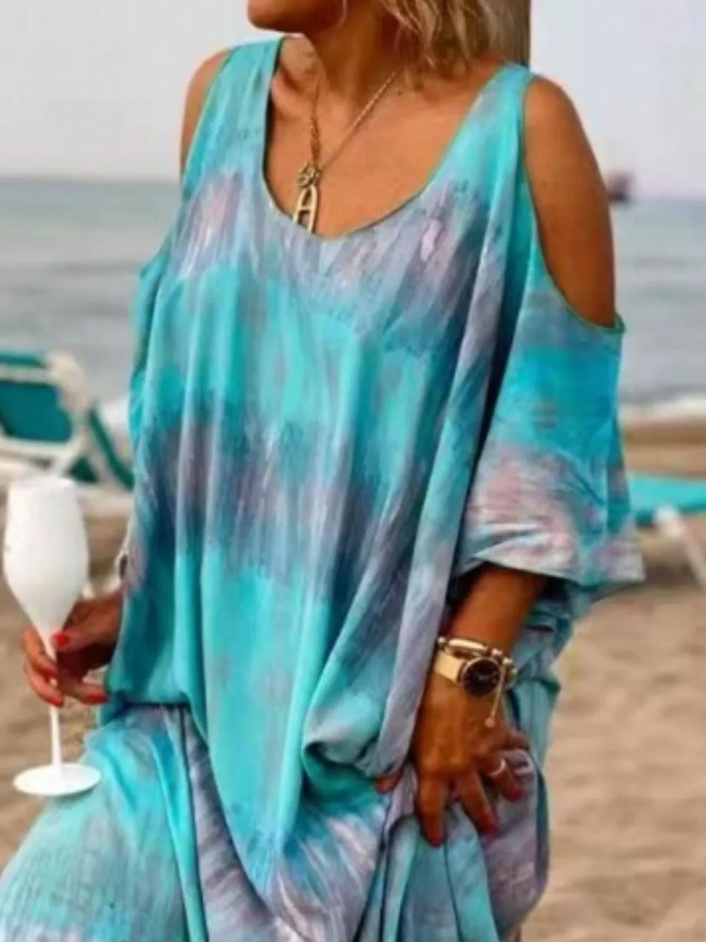 Plus Size Tie-Dye Cold Shoulder Maxi Dress, image 2