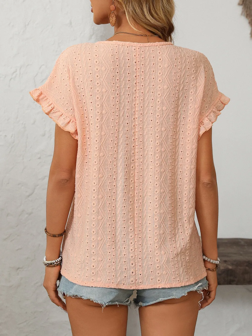 Eyelet Round Neck Short Sleeve Top, image 8