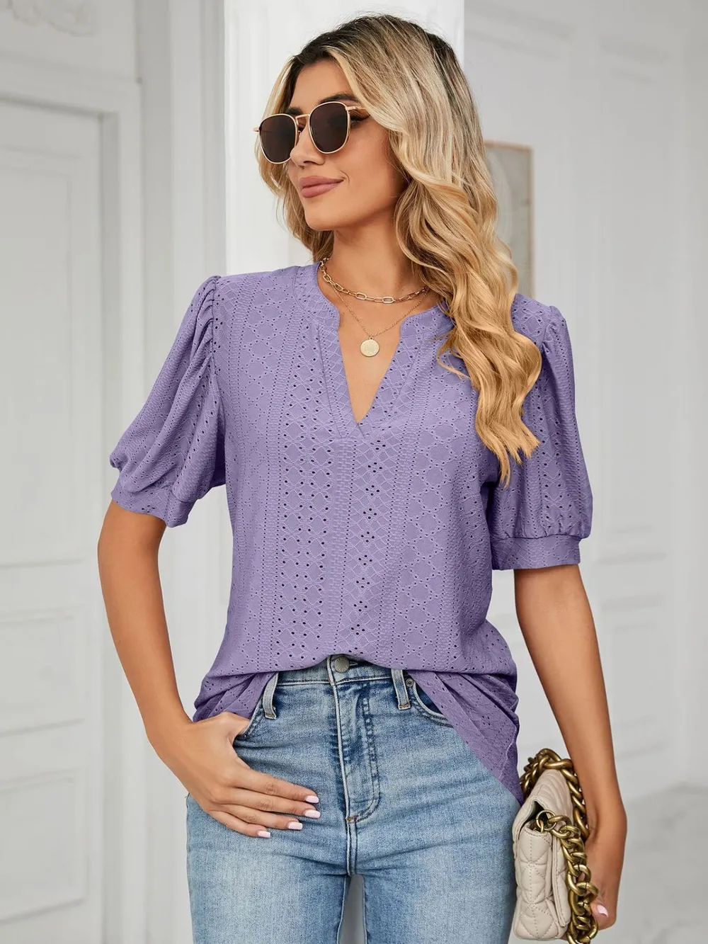 Eyelet Notched Short Sleeve T-Shirt, image 16