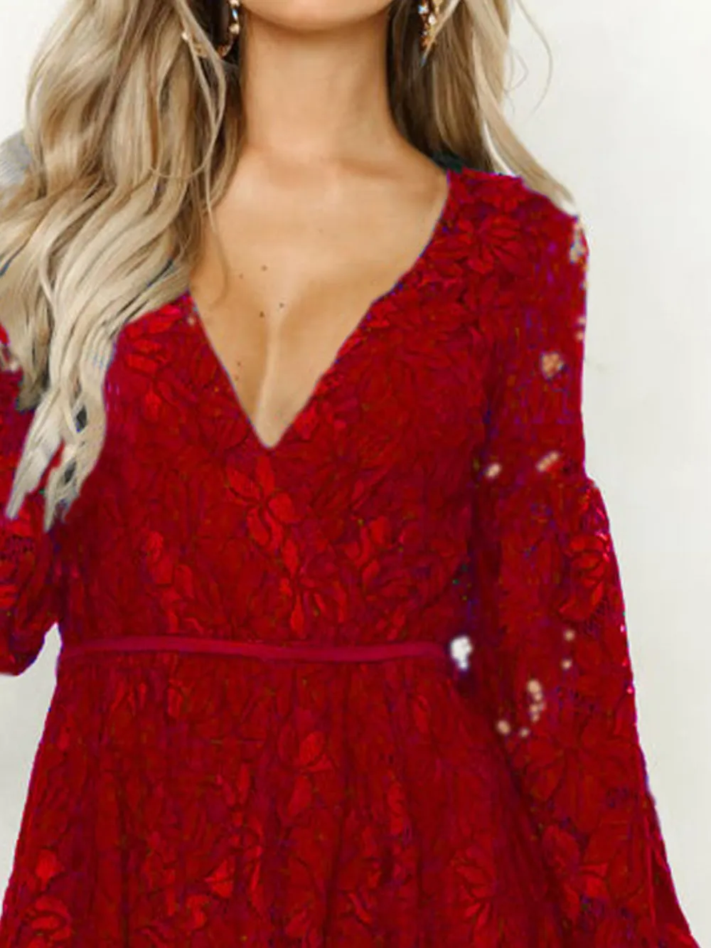 Lace V-Neck Long Sleeve Mini Dress, image 3