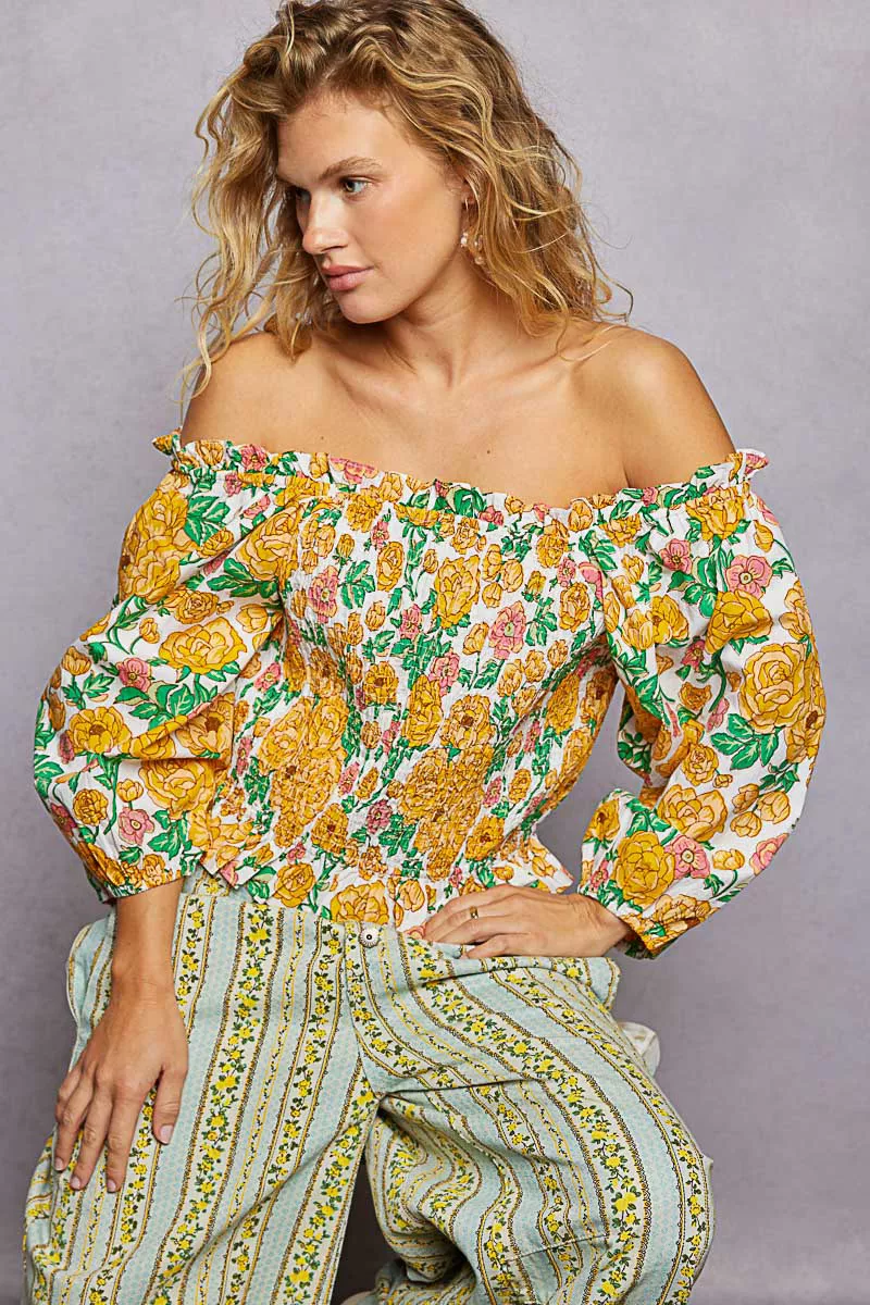 Floral Print Off-Shoulder Smocked Blouse, image 2