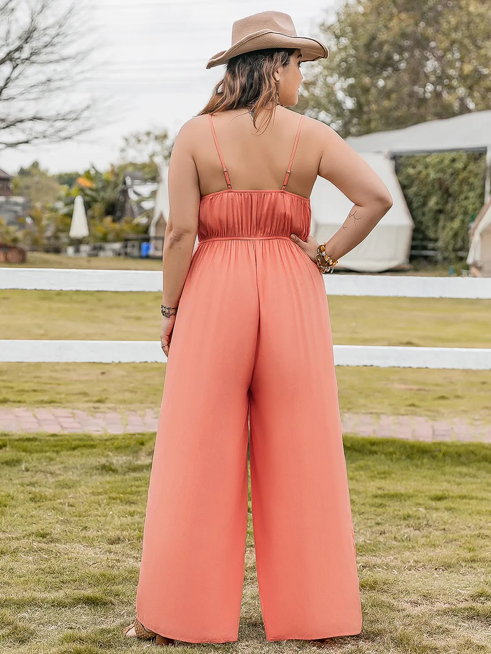 Plus Size Lace Detail Spaghetti Strap Wide Leg Jumpsuit, image 3