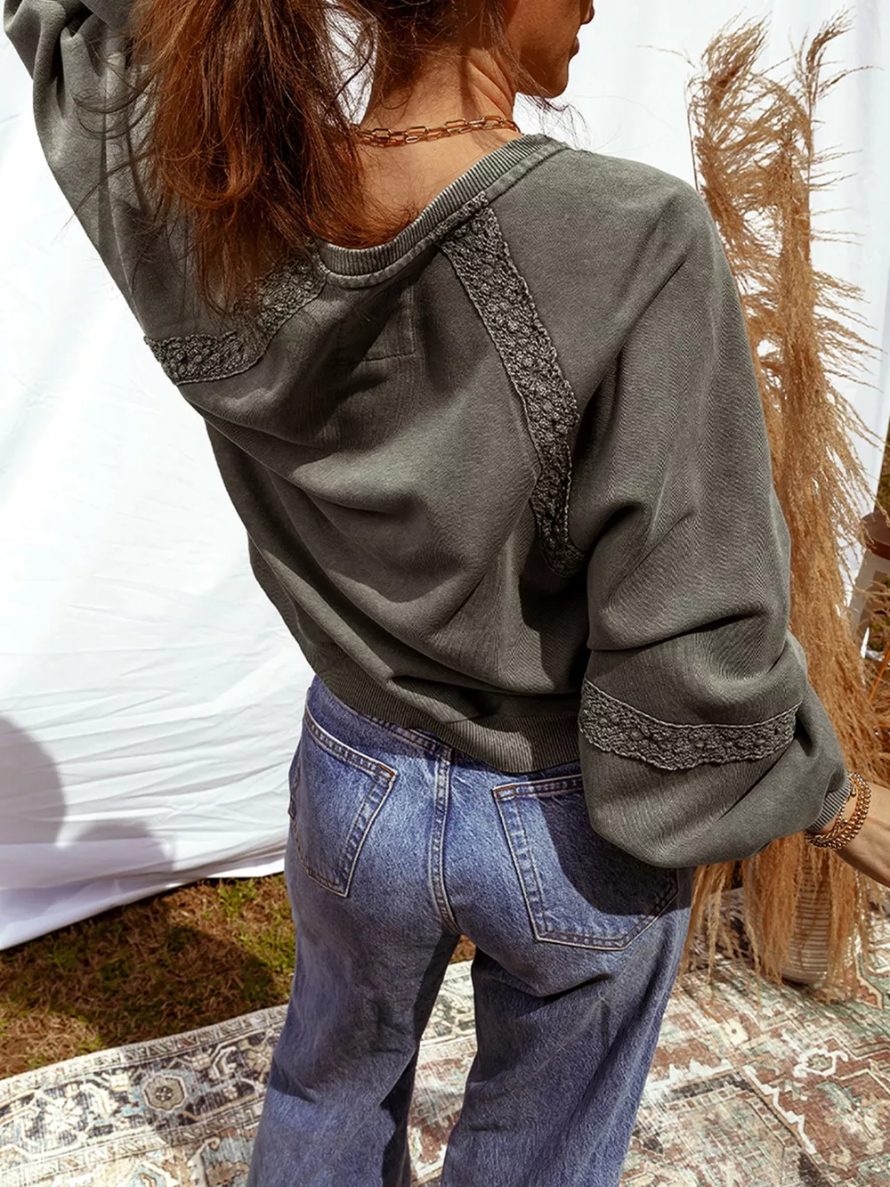 Lace Patchwork Detail Notched Mineral Wash Sweatshirt, image 2