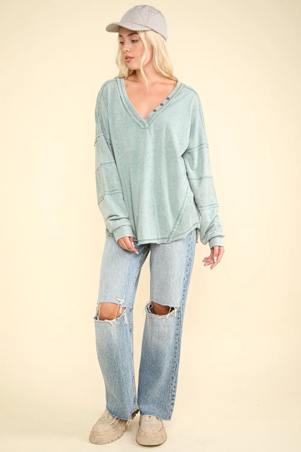Washed V-Neck Exposed Seam Knit Top, image 4