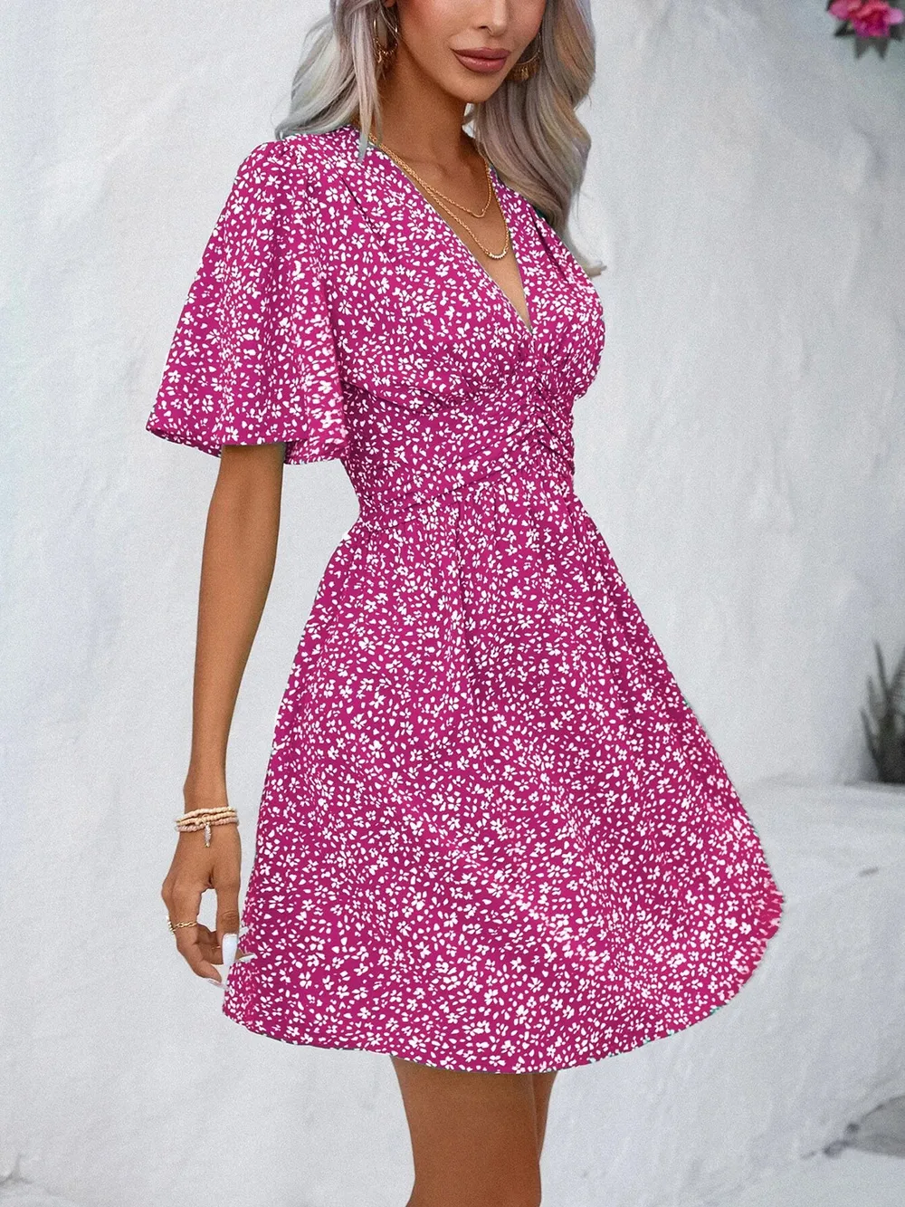 Printed V-Neck Half Sleeve Mini Dress, image 7