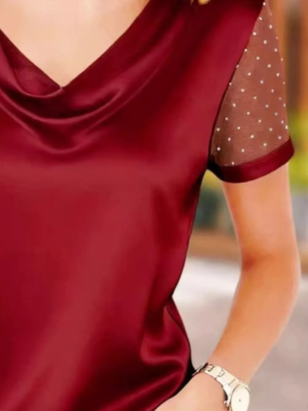 Cowl Neck Polka Dot Short Sleeve Top, image 6