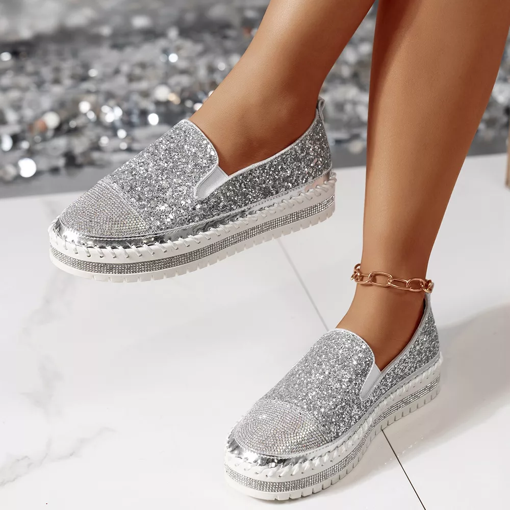 Rhinestone Sequin Round Toe Platform Loafers, image 3