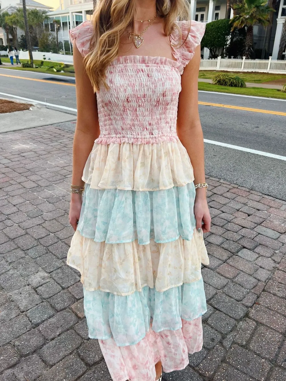 Smocked Ruffle Layered Floral Midi Dress