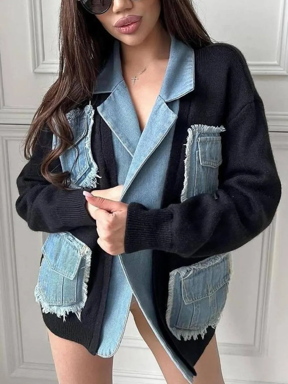 Raw Hem Denim Pocket Patchwork Cardigan