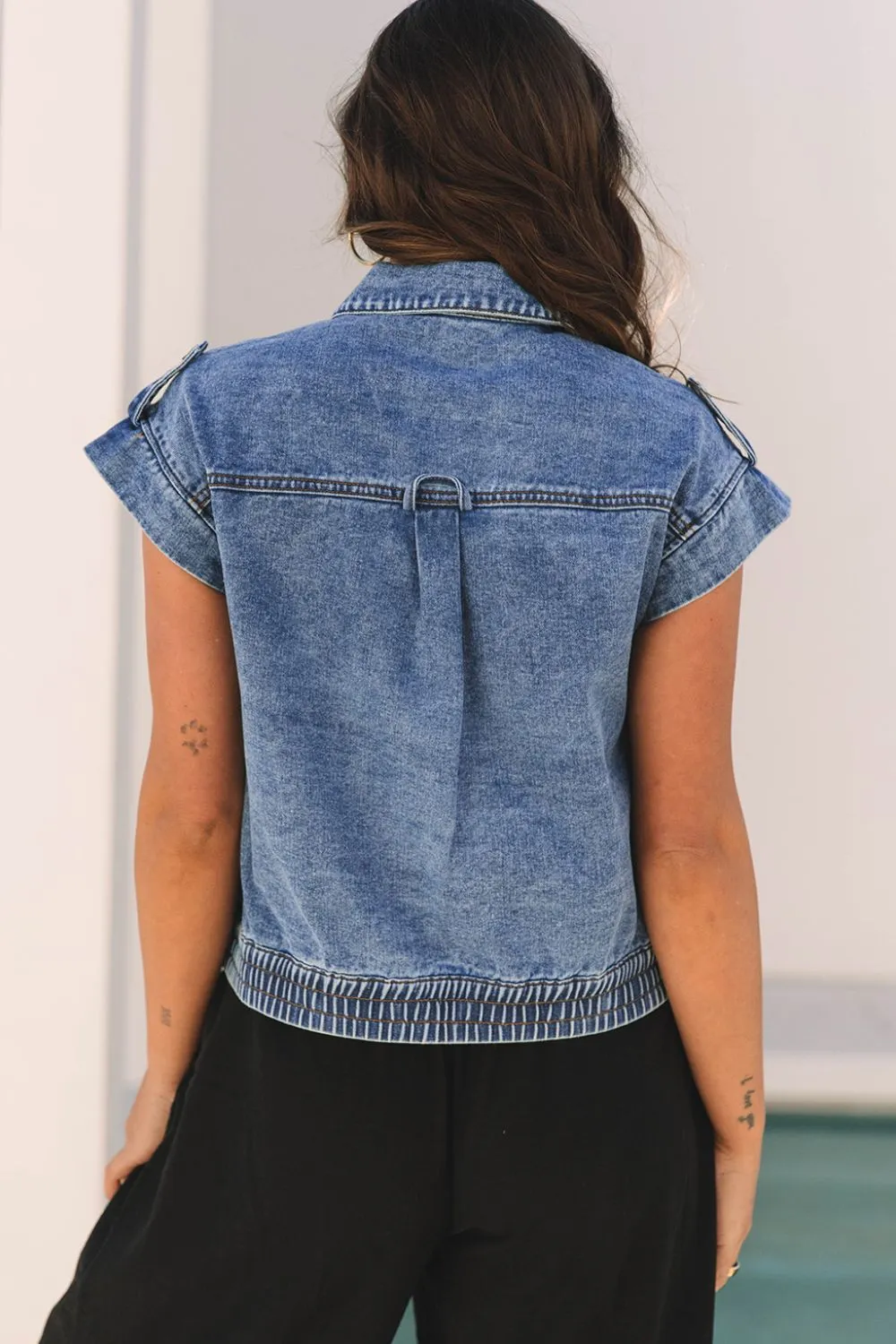 Button Up Cap Sleeve Denim Jacket, image 2