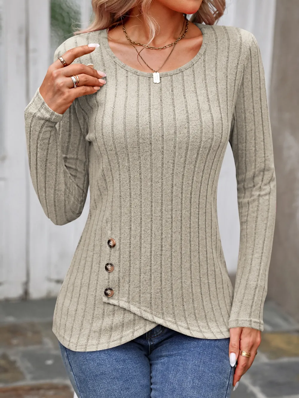Decorative Button Round Neck Long Sleeve T-Shirt, image 34