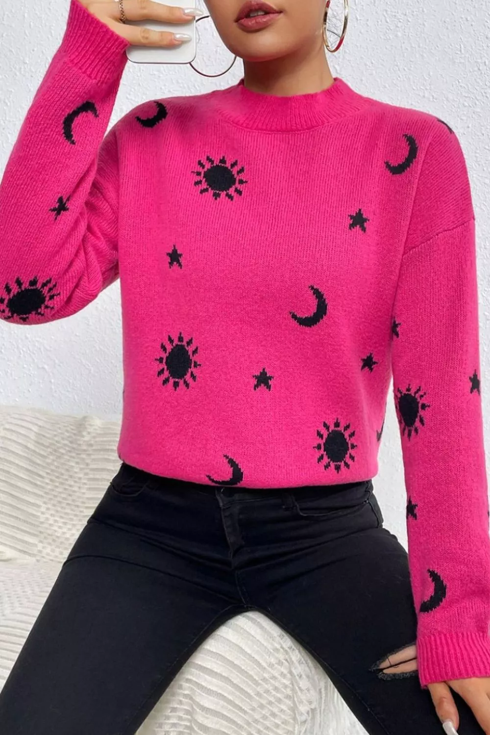 Graphic Mock Neck Dropped Shoulder Sweater, image 2