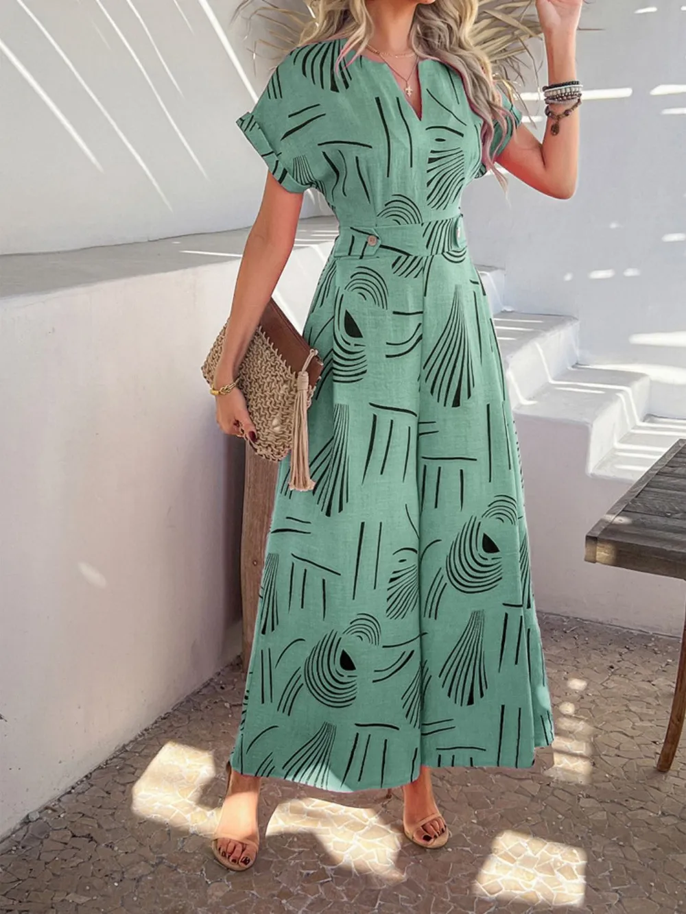 Printed Notched Short Sleeve Wide Leg Jumpsuit, image 12