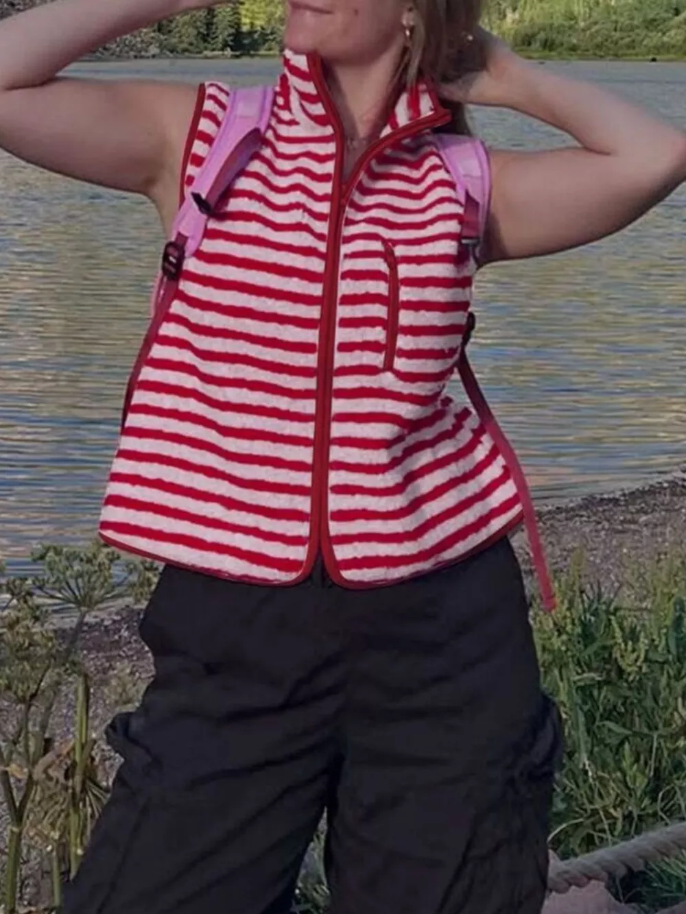 Striped Fleece Zip-Up Vest Coat, image 2