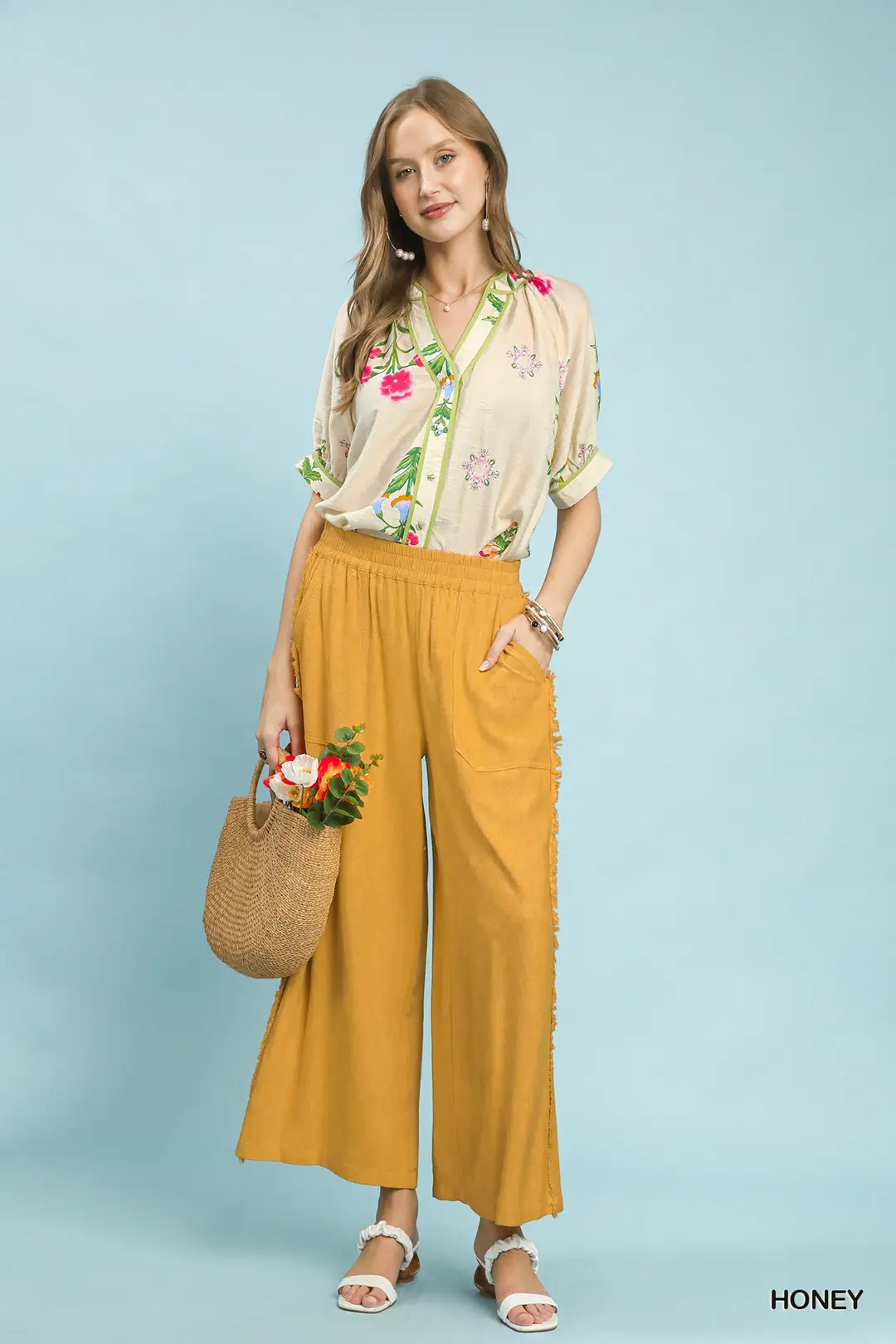 Linen Frayed Side Pocket Wide Leg Pants, image 2