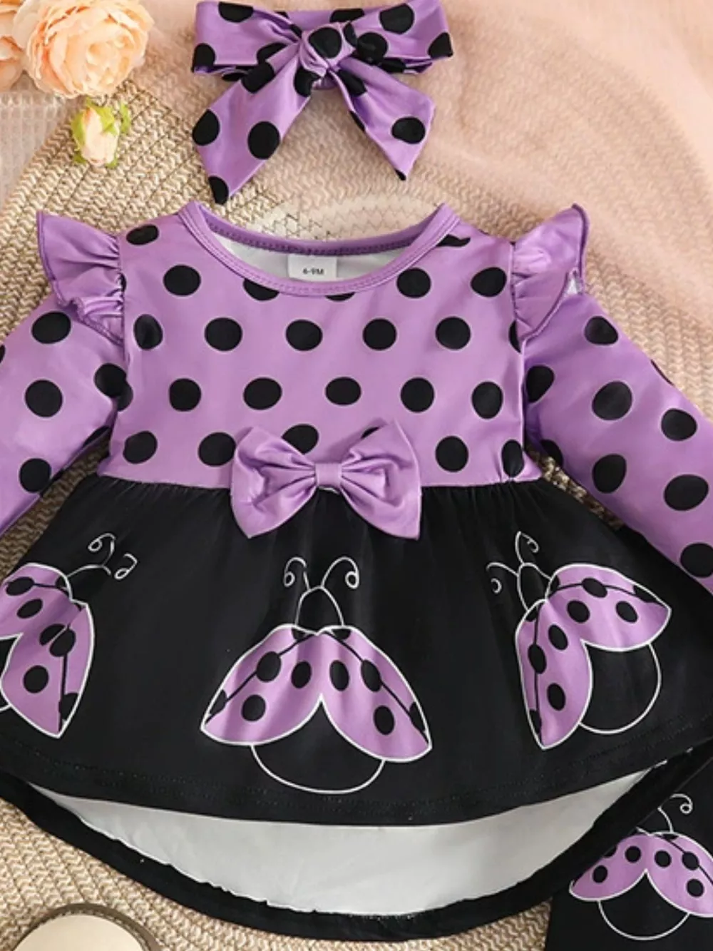 Children's Ladybug Polka Dot Ruffle Trim Top and Pants Set with Headband, image 9