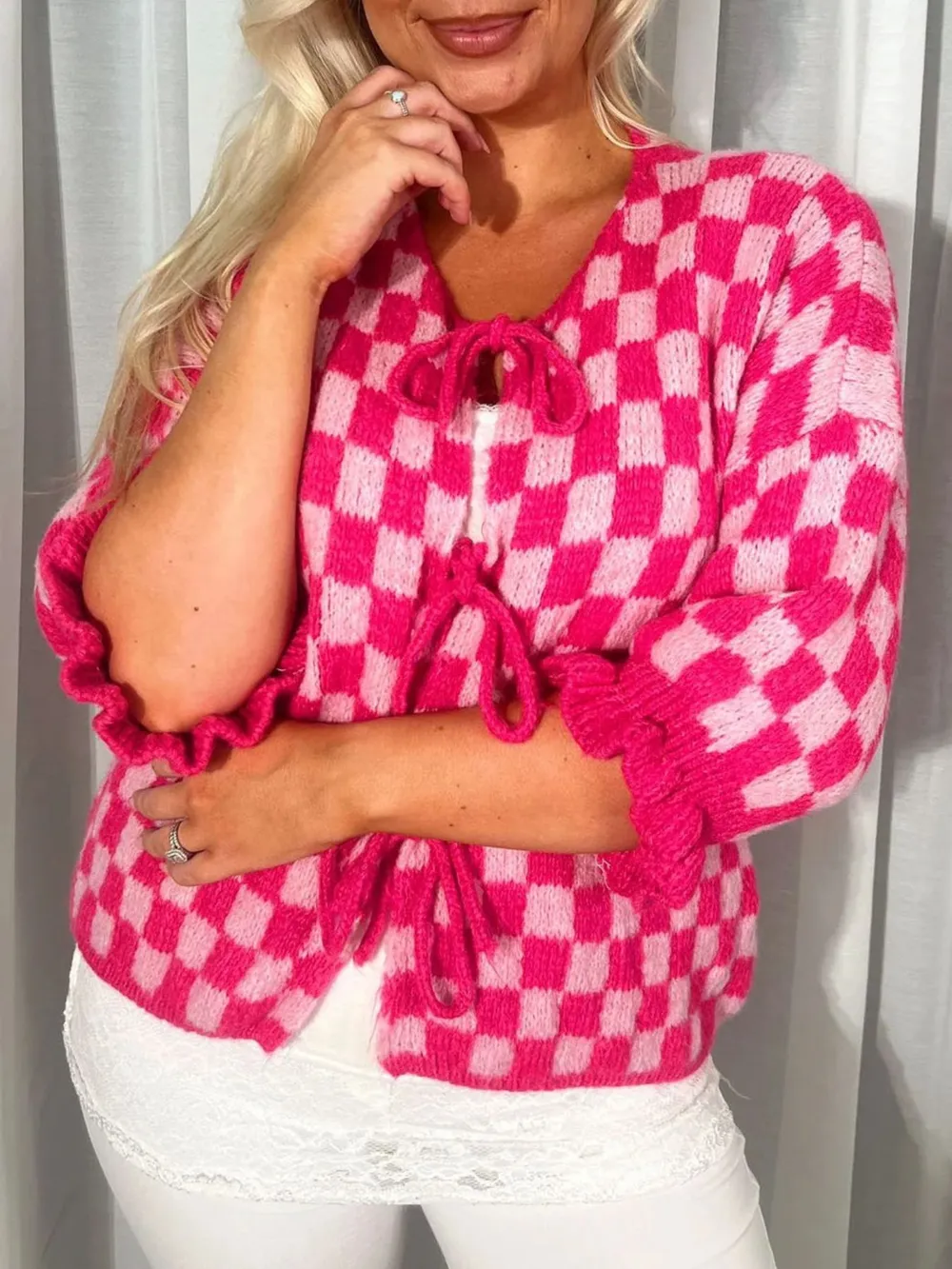 Checkered Tie-Front Knit Cardigan, image 3