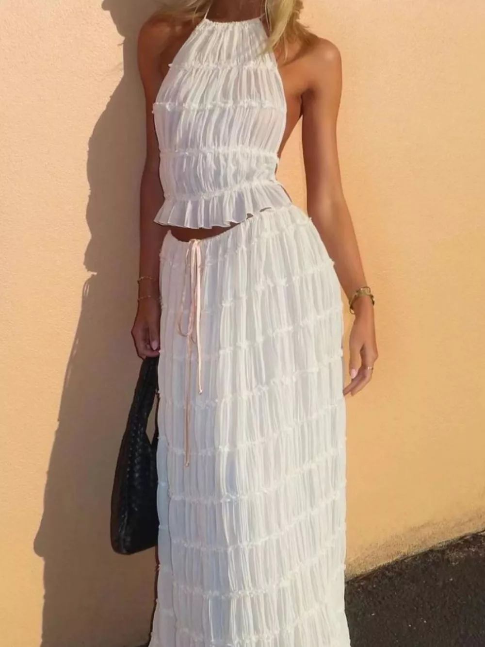 Boho Chic Ruffled Halter Crop Top and Maxi Skirt Set, image 9
