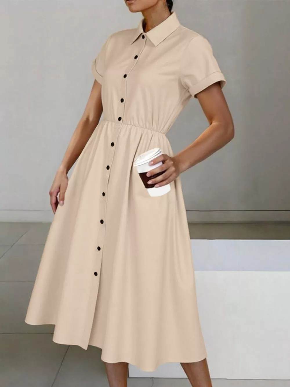 Button-Down Short Sleeve Midi Shirt Dress, image 2