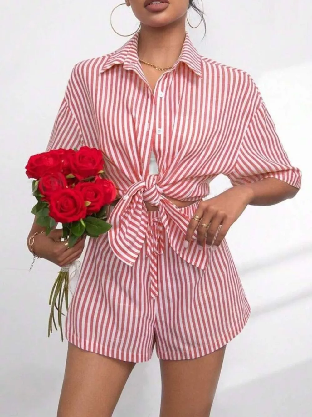 Striped Button Up Shirt and Shorts Casual Set, image 6