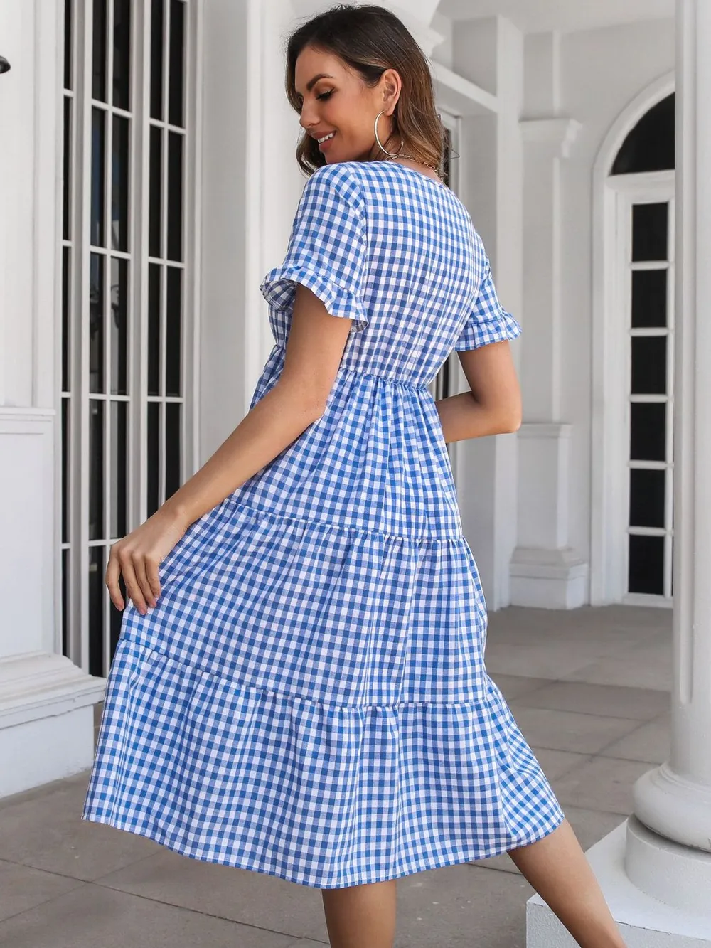 Plaid V-Neck Short Sleeve Midi Dress, image 3