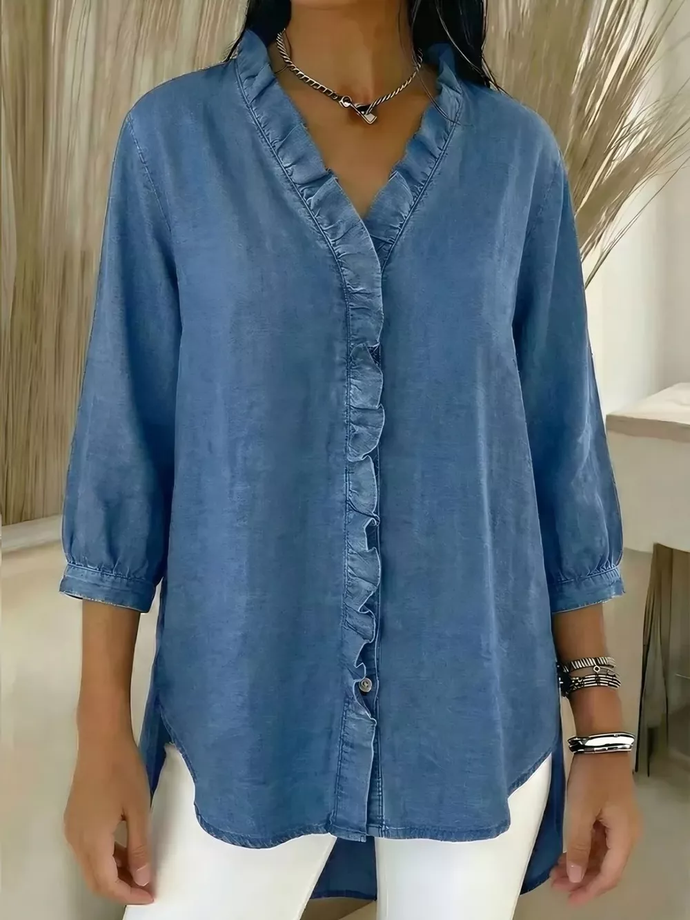 Full Size V-Neck Ruffled Button Down Shirt Plus Size, image 3