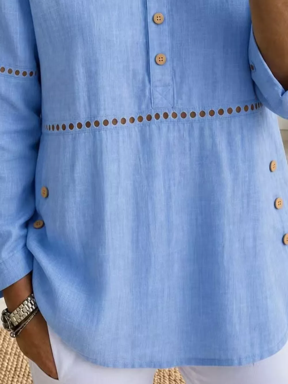 Full Size Button Detail Eyelet Long Sleeve Blouse Plus Size, image 7